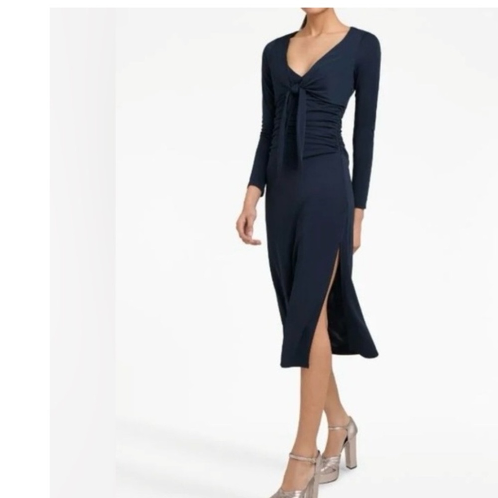 Cinq à Sept Brenna Knot-Tie Gathered Navy Crepe Midi Dress NWT US 2